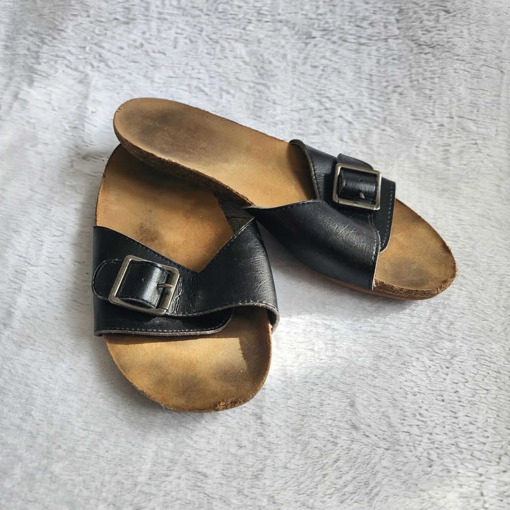 Black Leather Slide Sandals with Buckle